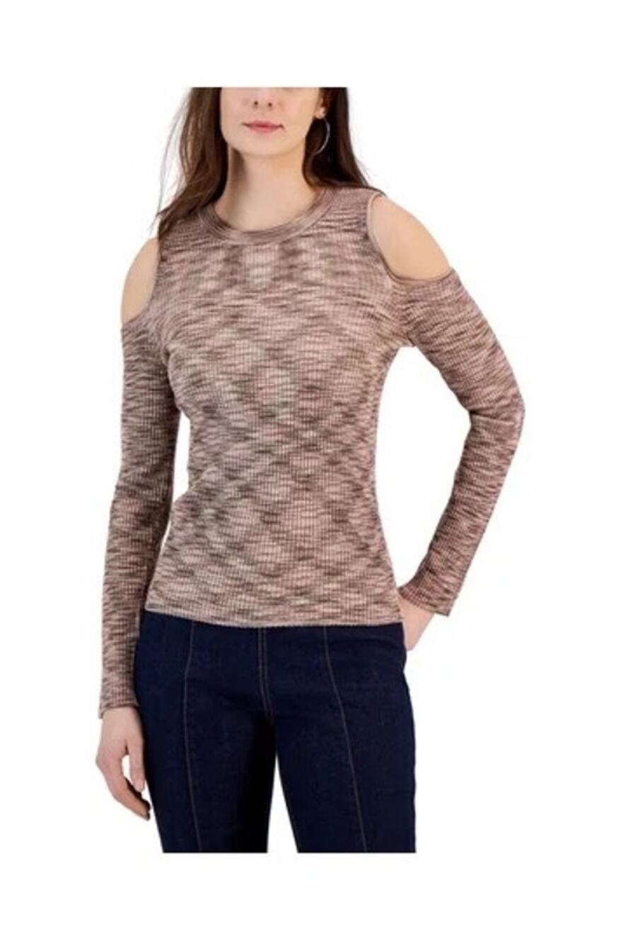 INC International Concepts Tan & Pink Marled Long Sleeve Cold Shoulder Sweater